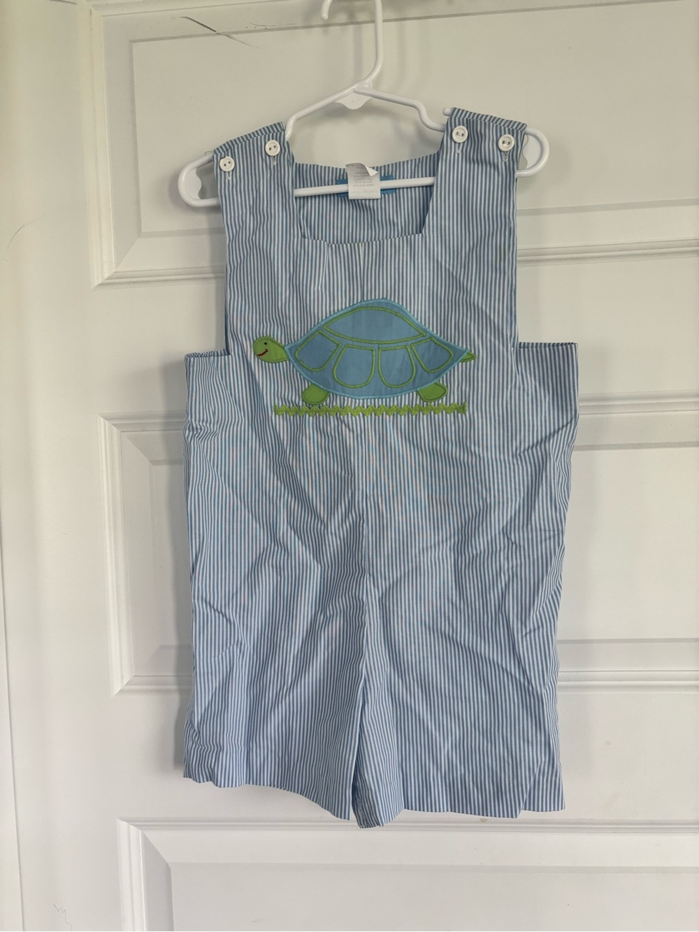 Mondays Child Seersucker Blue Striped Toddler Romper with Turtle Applique